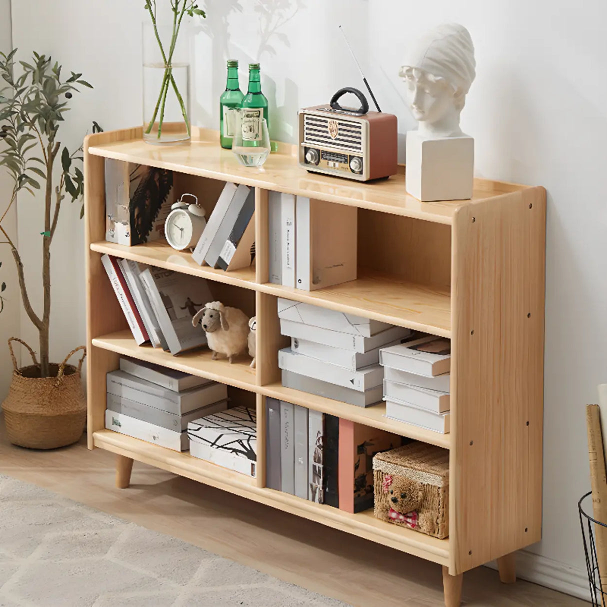 Modern Closed Back Timber Wide Bookcase Natural Finish Image - 1