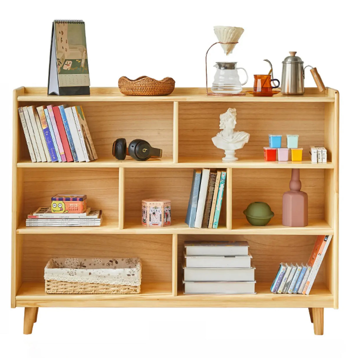 Modern Closed Back Timber Wide Bookcase Natural Finish Image - 12