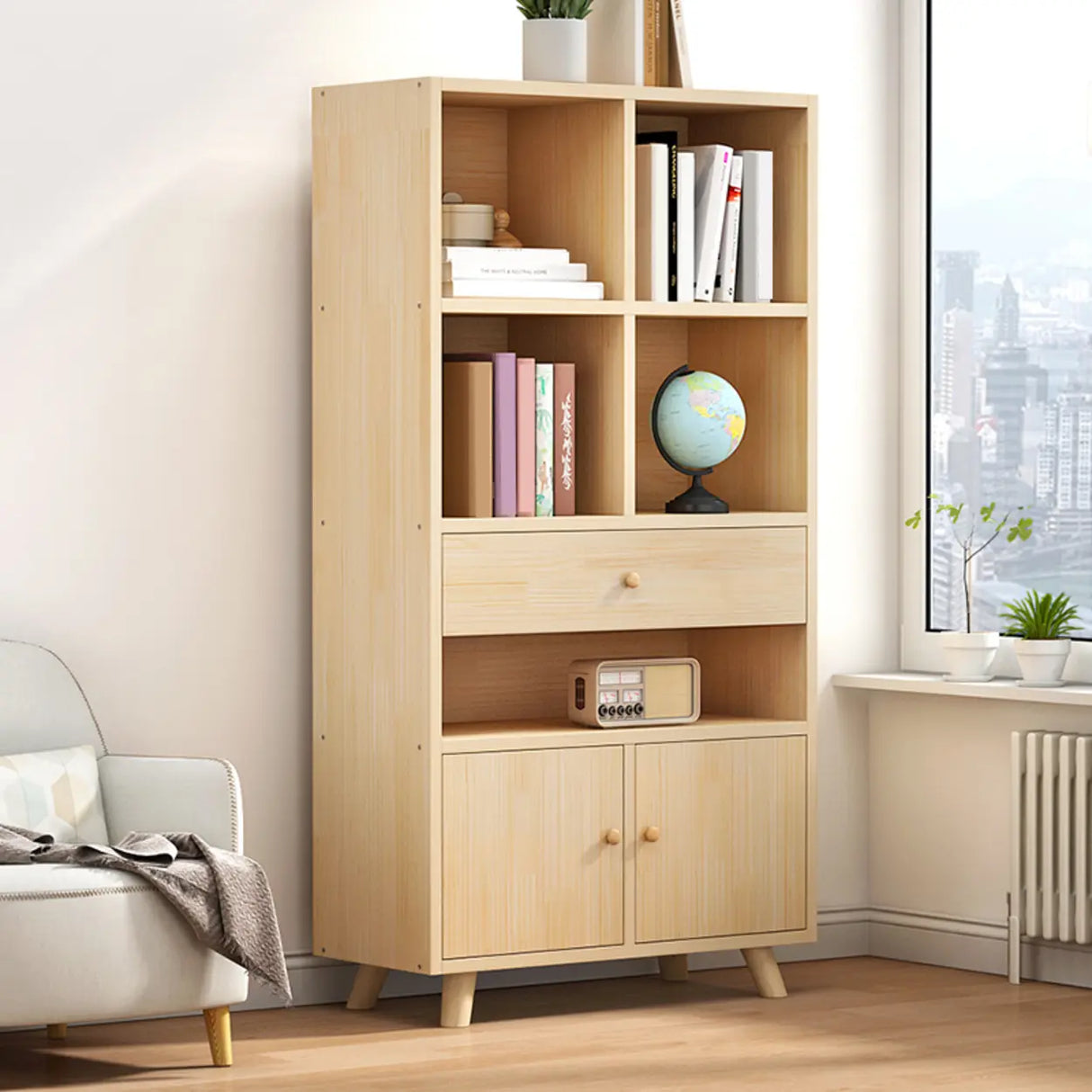 Modern Closed Wooden Cabinets Narrow Storage Bookcases Image - 11