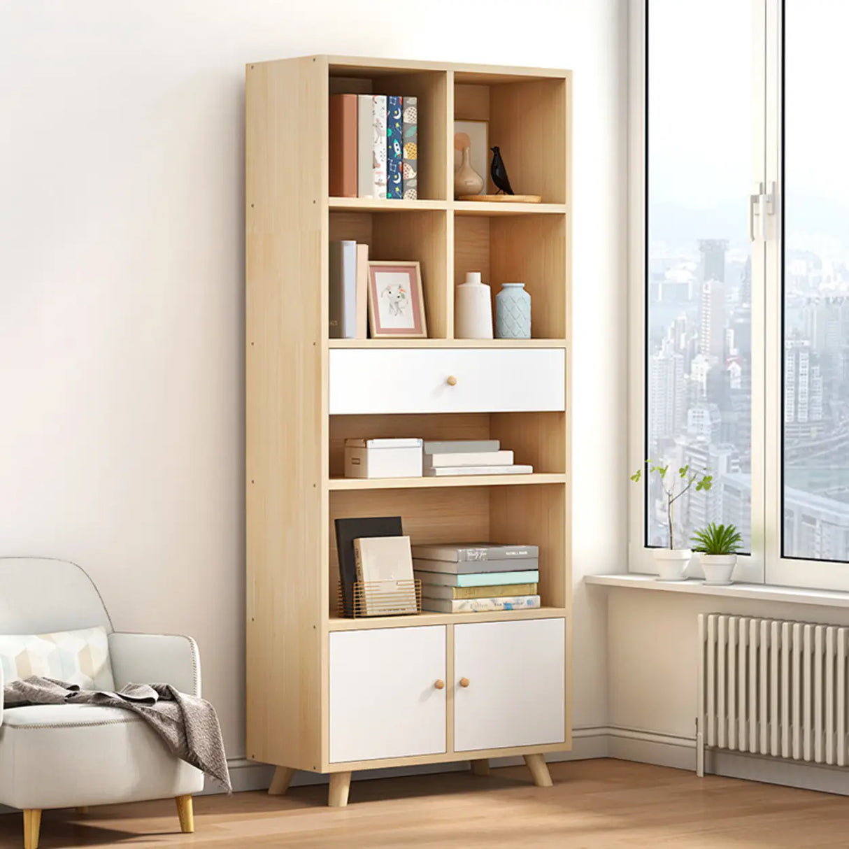 Modern Closed Wooden Cabinets Narrow Storage Bookcases Image - 18