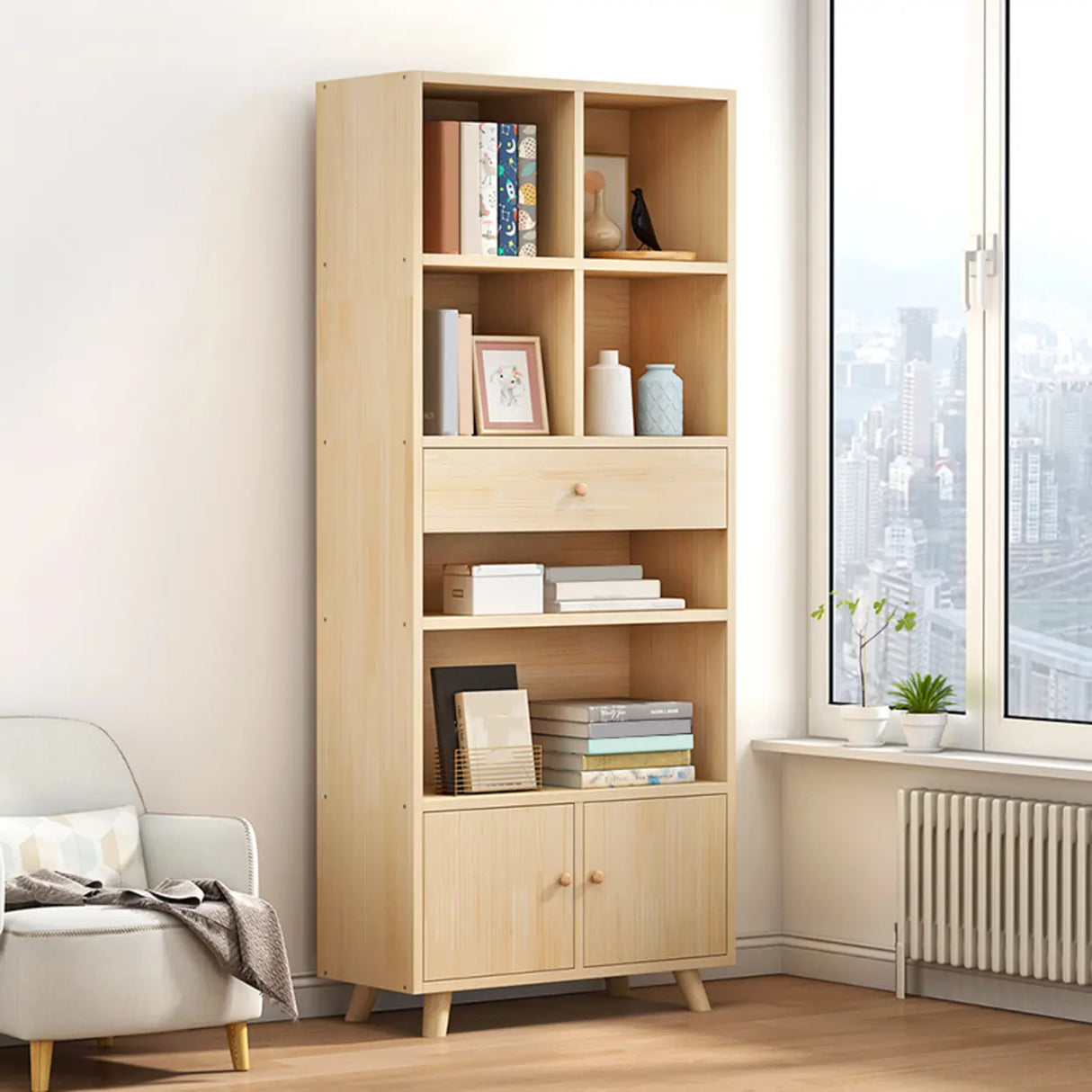 Modern Closed Wooden Cabinets Narrow Storage Bookcases Image - 19