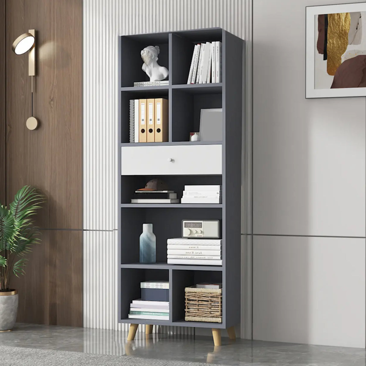 Modern Closed Wooden Cabinets Narrow Storage Bookcases Image - 23