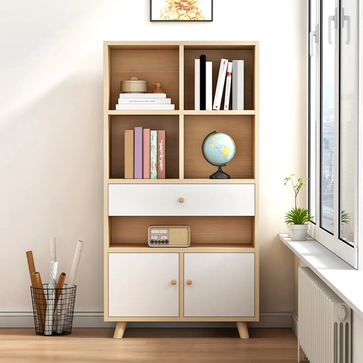 Modern Closed Wooden Cabinets Narrow Storage Bookcases Image - 3