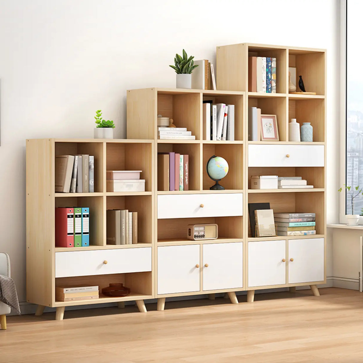 Modern Closed Wooden Cabinets Narrow Storage Bookcases Image - 6
