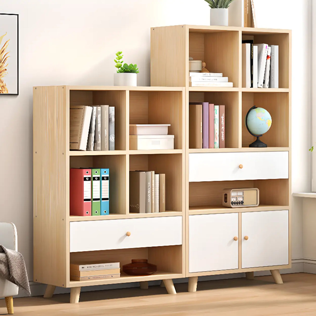Modern Closed Wooden Cabinets Narrow Storage Bookcases Image - 8