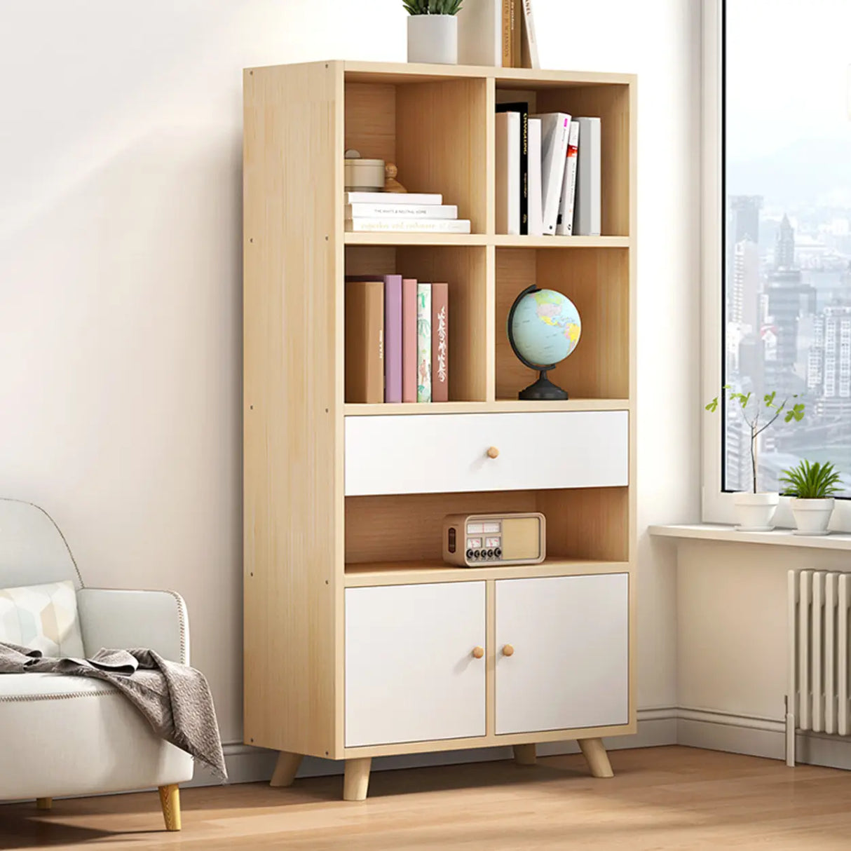 Modern Closed Wooden Cabinets Narrow Storage Bookcases Image - 9