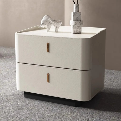 Modern Coffee Leather Nightstand with Dual Storage Drawers Image - 2