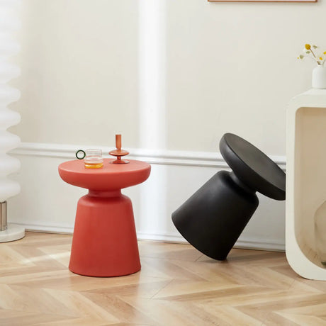Modern Colorful Minimalist Red Drum Wood Round Side Table Image - 2