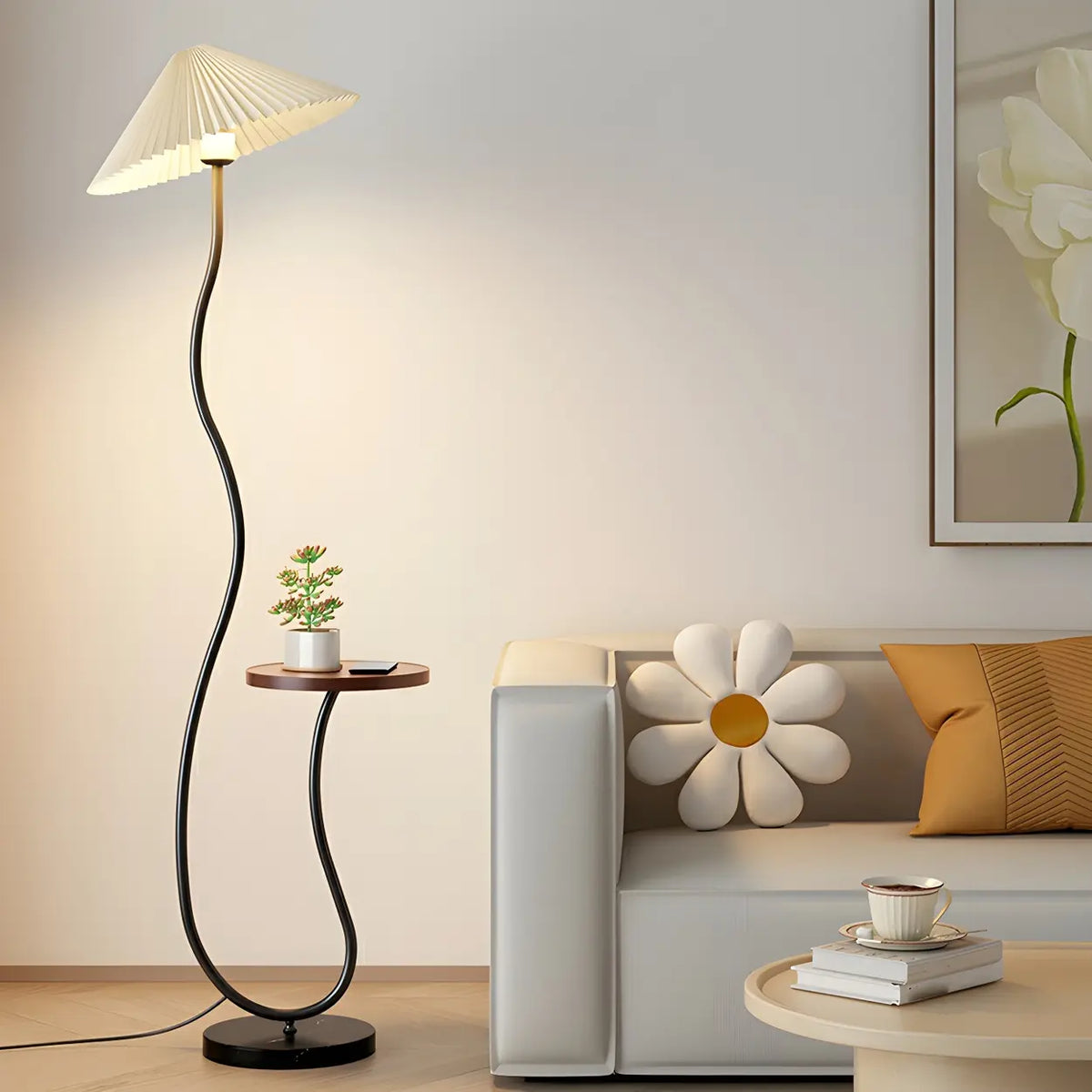 Modern Cone and Curved Floor Lamp with Side Table