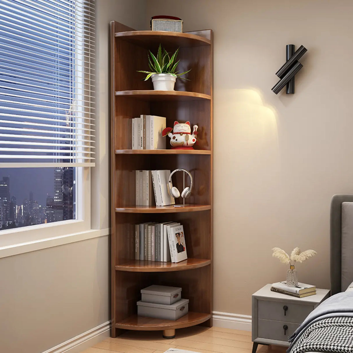Modern Corner Wooden Vertical Multi-Shelf Bookcase Image - 16
