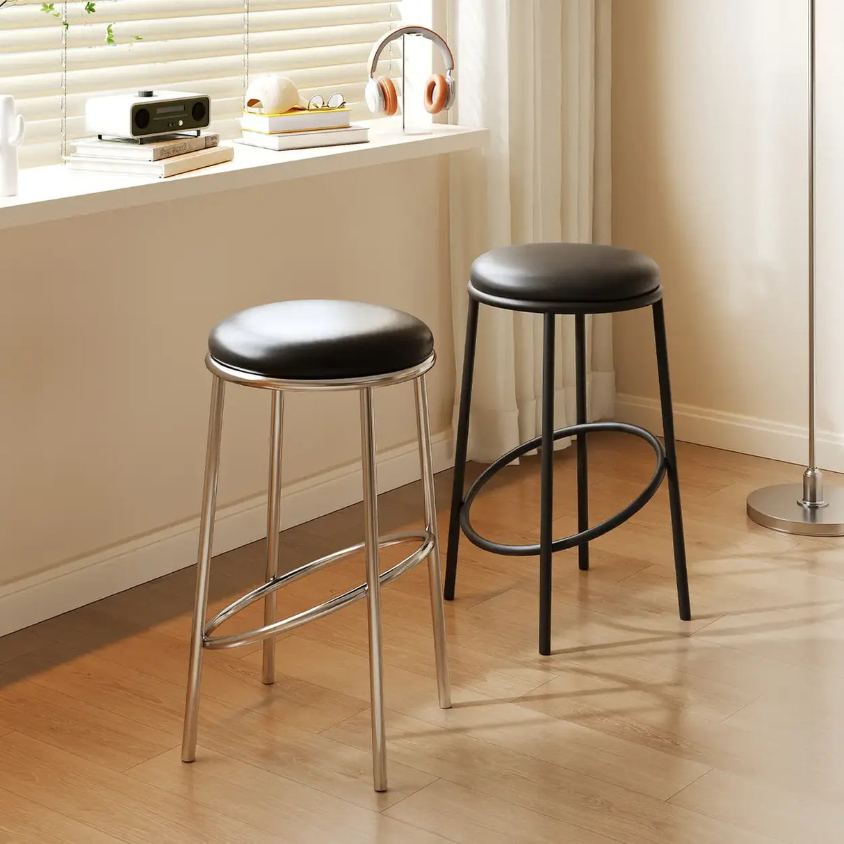 Modern Counter Height Faux Leather Stackable Backless Bar Stool Image - 1