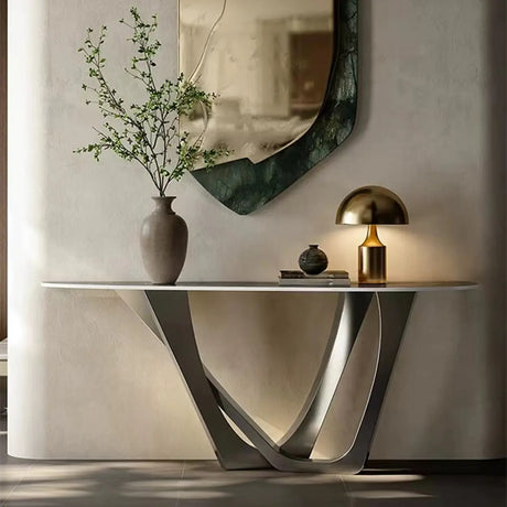 Modern Cross Legs Metal Stone Grey Standard Console Table Image - 1