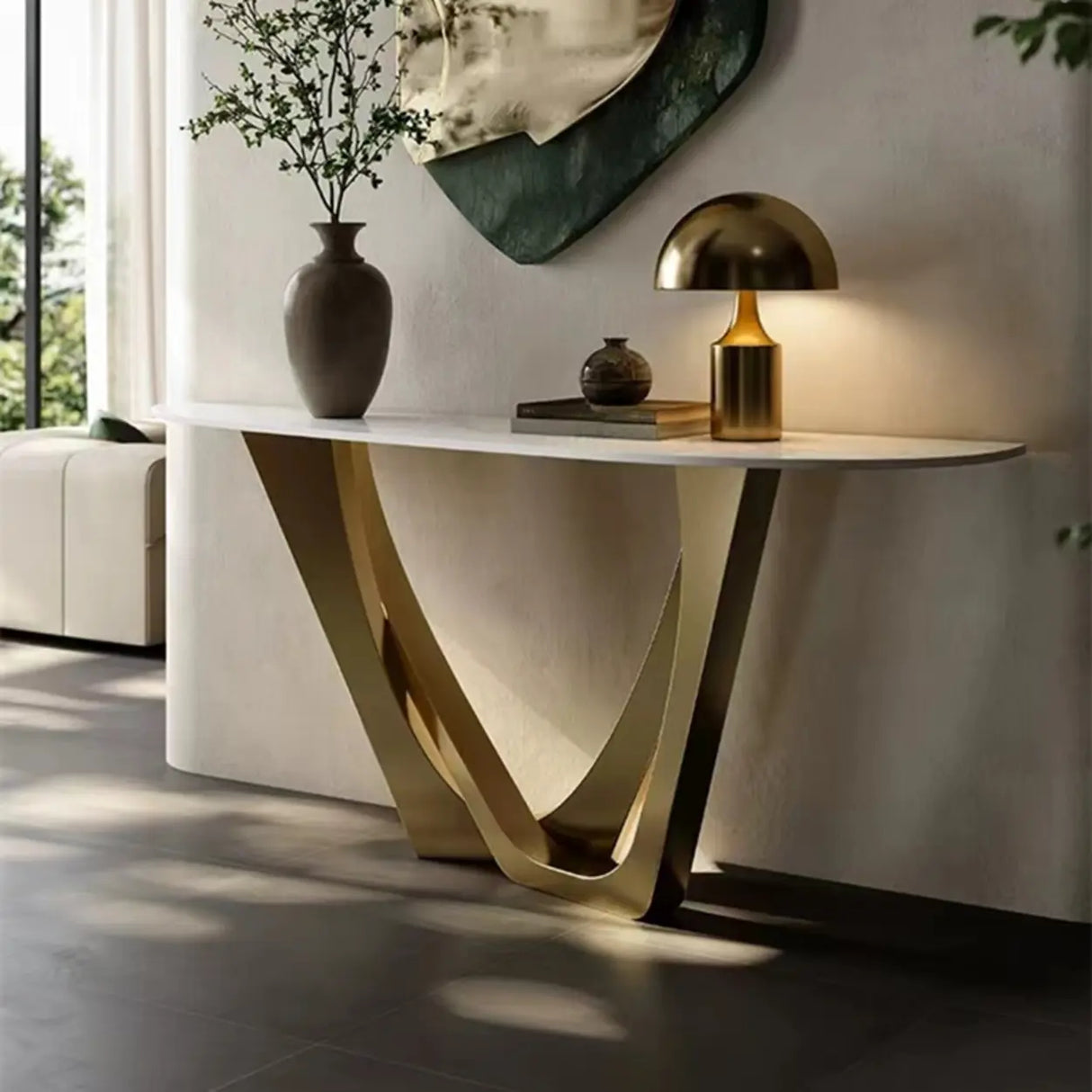 Modern Cross Legs Metal Stone Grey Standard Console Table Image - 4