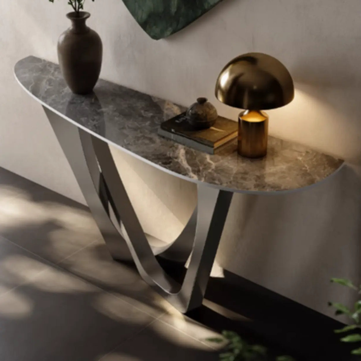 Modern Cross Legs Metal Stone Grey Standard Console Table Image - 5