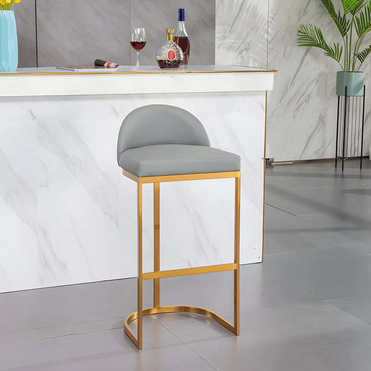 Modern Curved Back Leather Upholstered Bucket Counter Bar Stool Image - 2