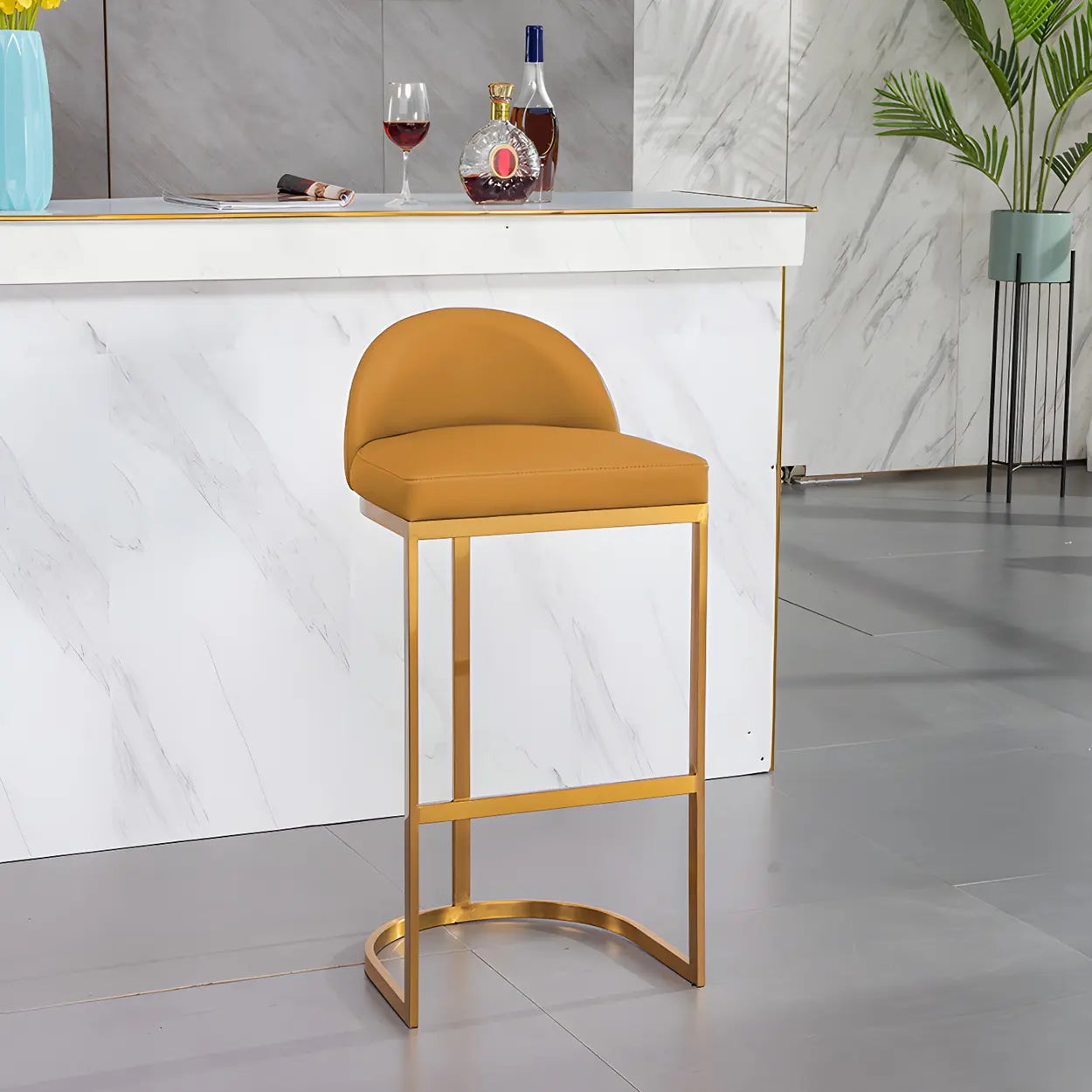 Modern Curved Back Leather Upholstered Bucket Counter Bar Stool Image - 8