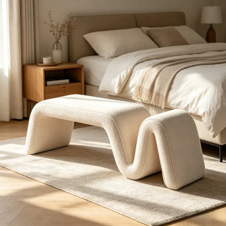 Modern Curved Chenille Solid Wood Frame Bedroom Bench Image - 2