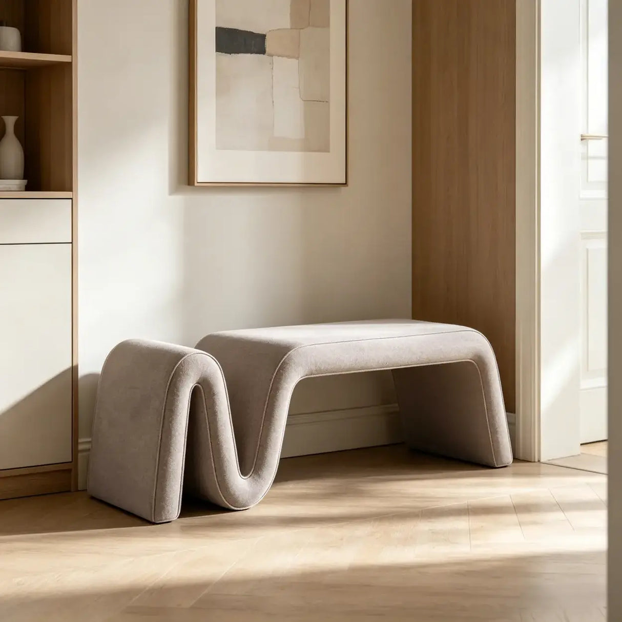 Modern Curved Chenille Solid Wood Frame Bedroom Bench Image - 6