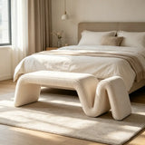 Modern Curved Chenille Solid Wood Frame Bedroom Bench Image - 7