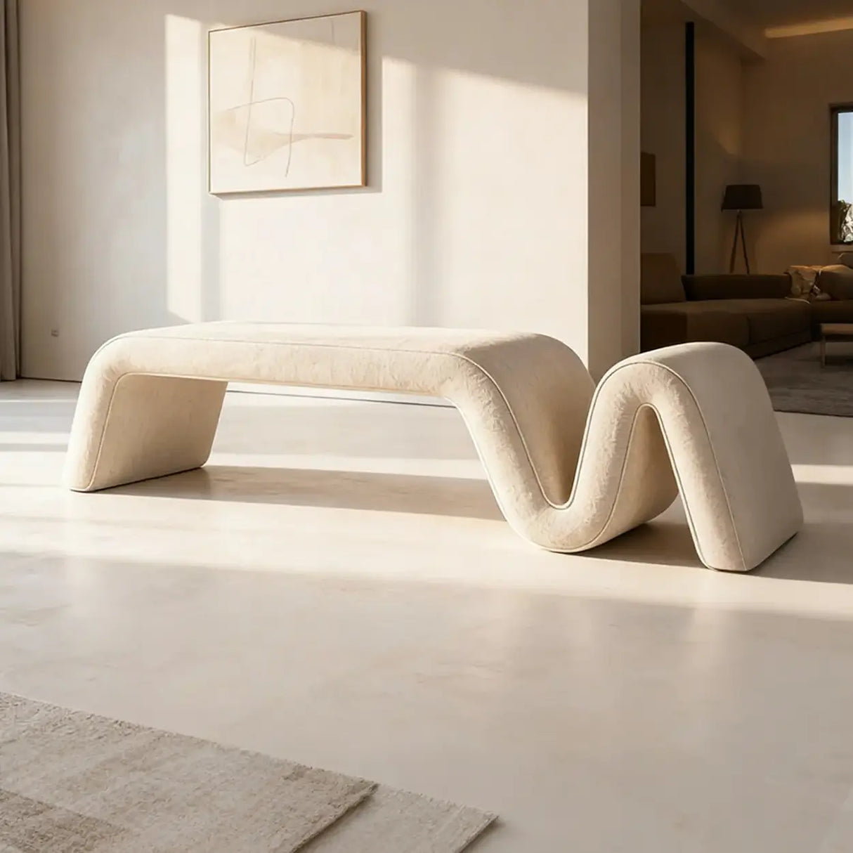 Modern Curved Chenille Solid Wood Frame Bedroom Bench Image - 8