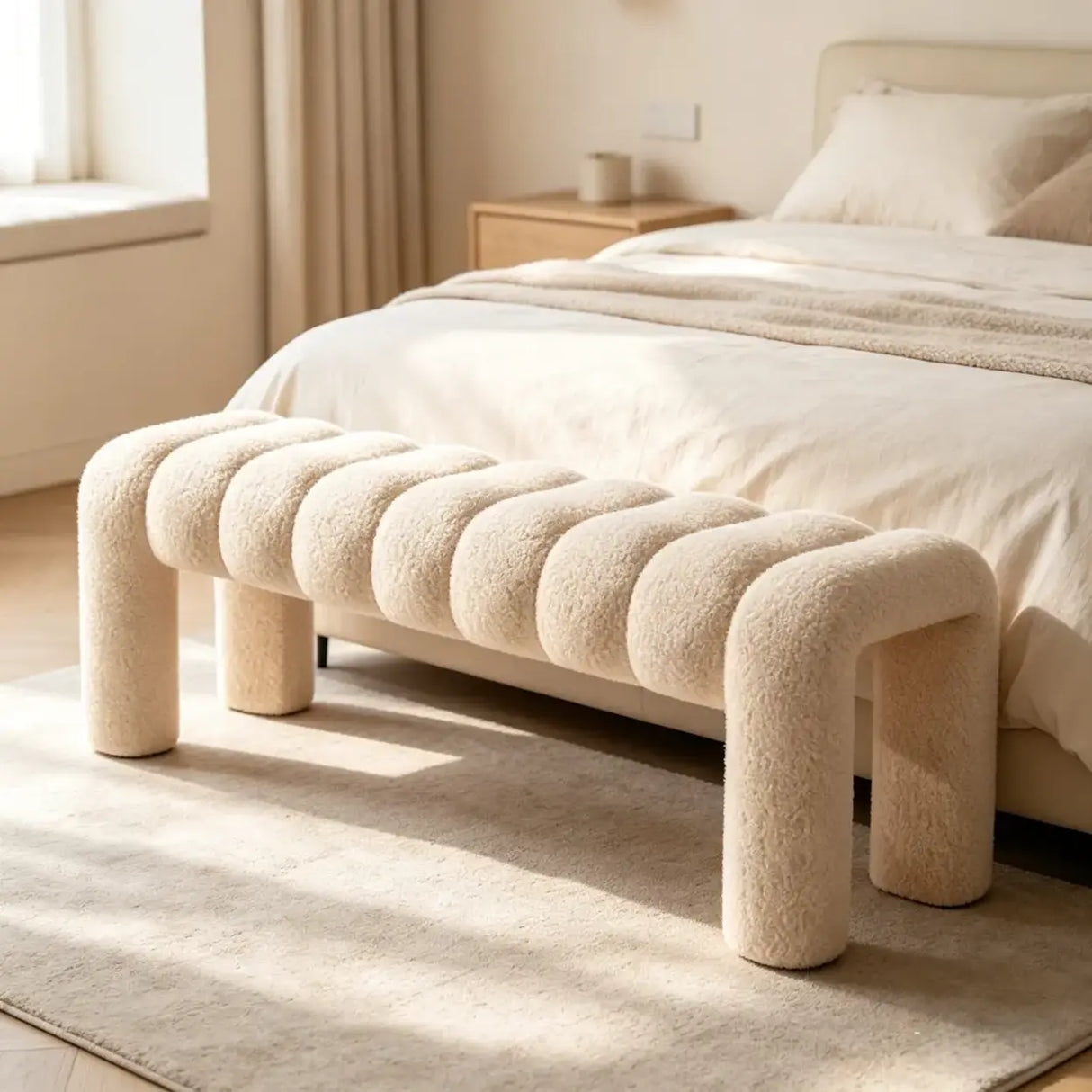 Modern Curved Solid Wood Bouclé Upholstered Bedroom Bench Image - 1