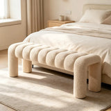 Modern Curved Solid Wood Bouclé Upholstered Bedroom Bench Image - 1
