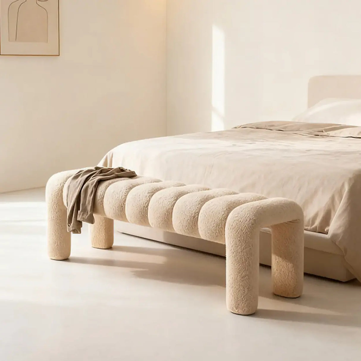 Modern Curved Solid Wood Bouclé Upholstered Bedroom Bench Image - 10