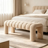 Modern Curved Solid Wood Bouclé Upholstered Bedroom Bench Image - 11