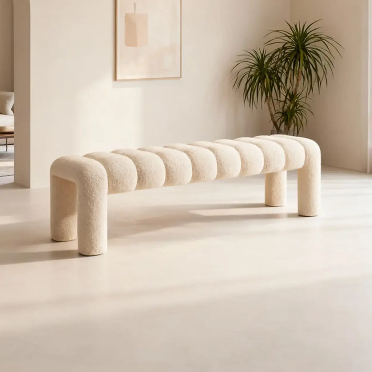 Modern Curved Solid Wood Bouclé Upholstered Bedroom Bench Image - 13
