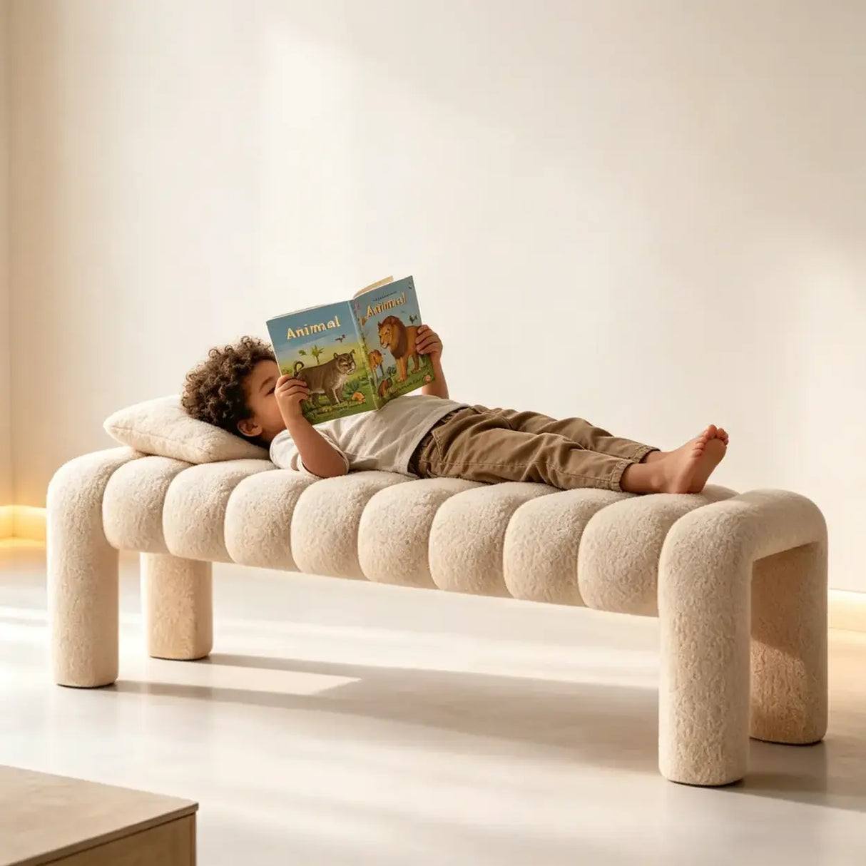 Modern Curved Solid Wood Bouclé Upholstered Bedroom Bench Image - 2