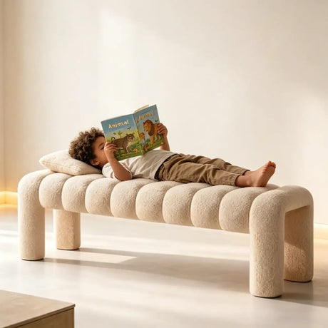 Modern Curved Solid Wood Bouclé Upholstered Bedroom Bench Image - 2