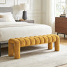 Modern Curved Solid Wood Bouclé Upholstered Bedroom Bench Image - 3