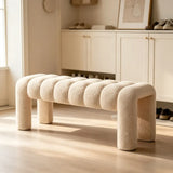 Modern Curved Solid Wood Bouclé Upholstered Bedroom Bench Image - 8