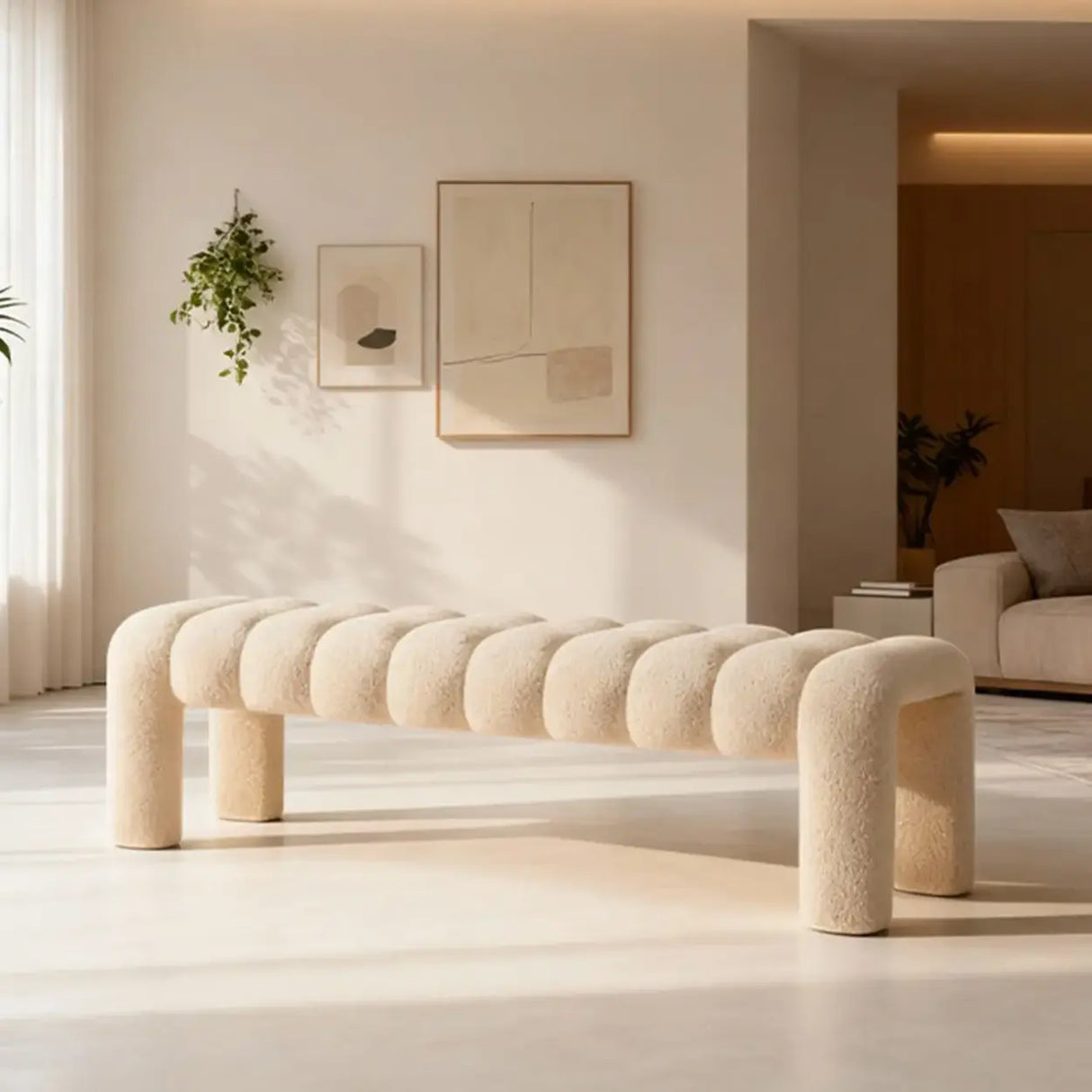 Modern Curved Solid Wood Bouclé Upholstered Bedroom Bench Image - 9