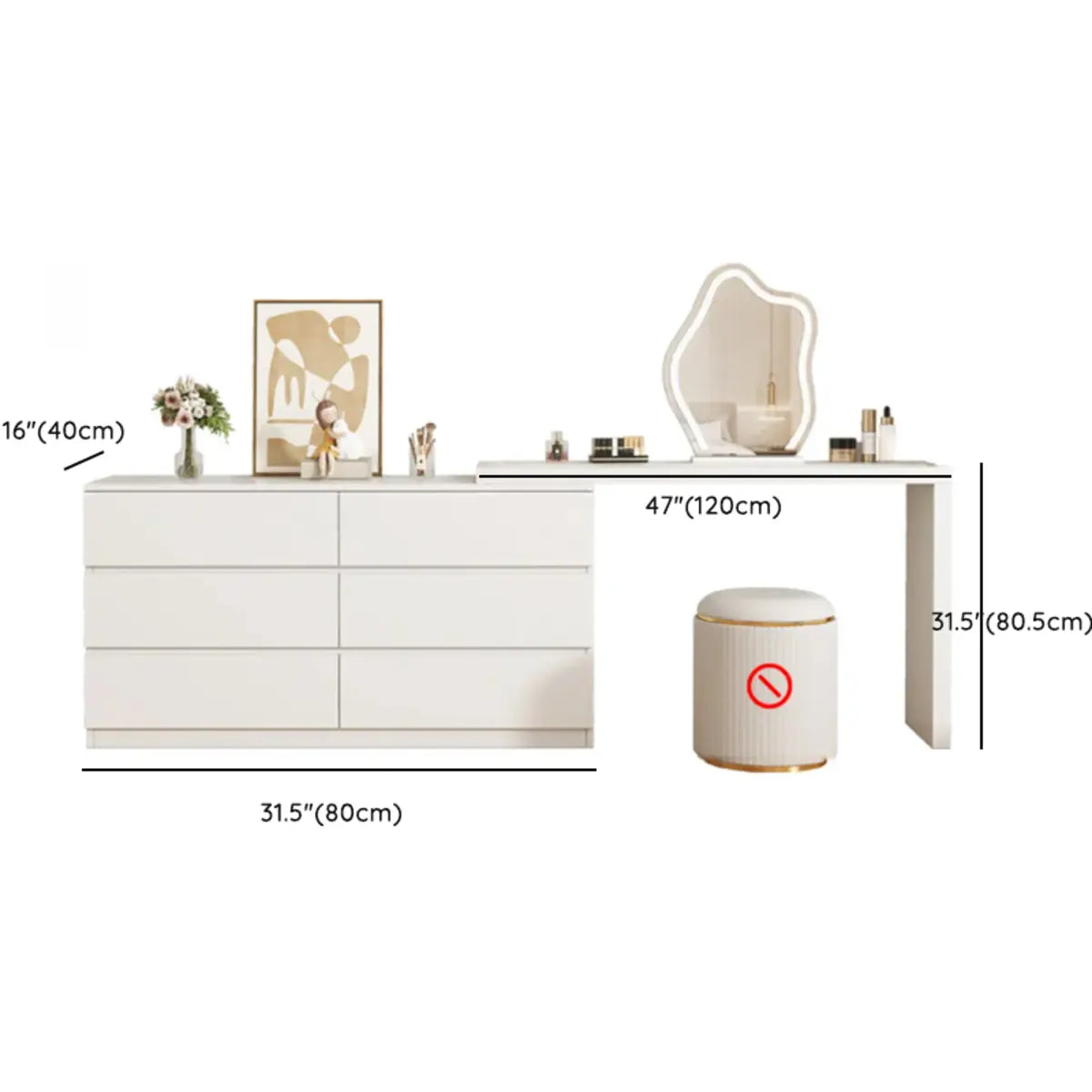 Modern Curved Wood Bedroom White LED Vanity Set Image - 13