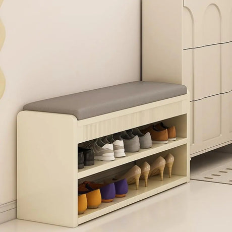 Modern Cushion Beige Wood Entryway Bench Shoe Rack Image - 1