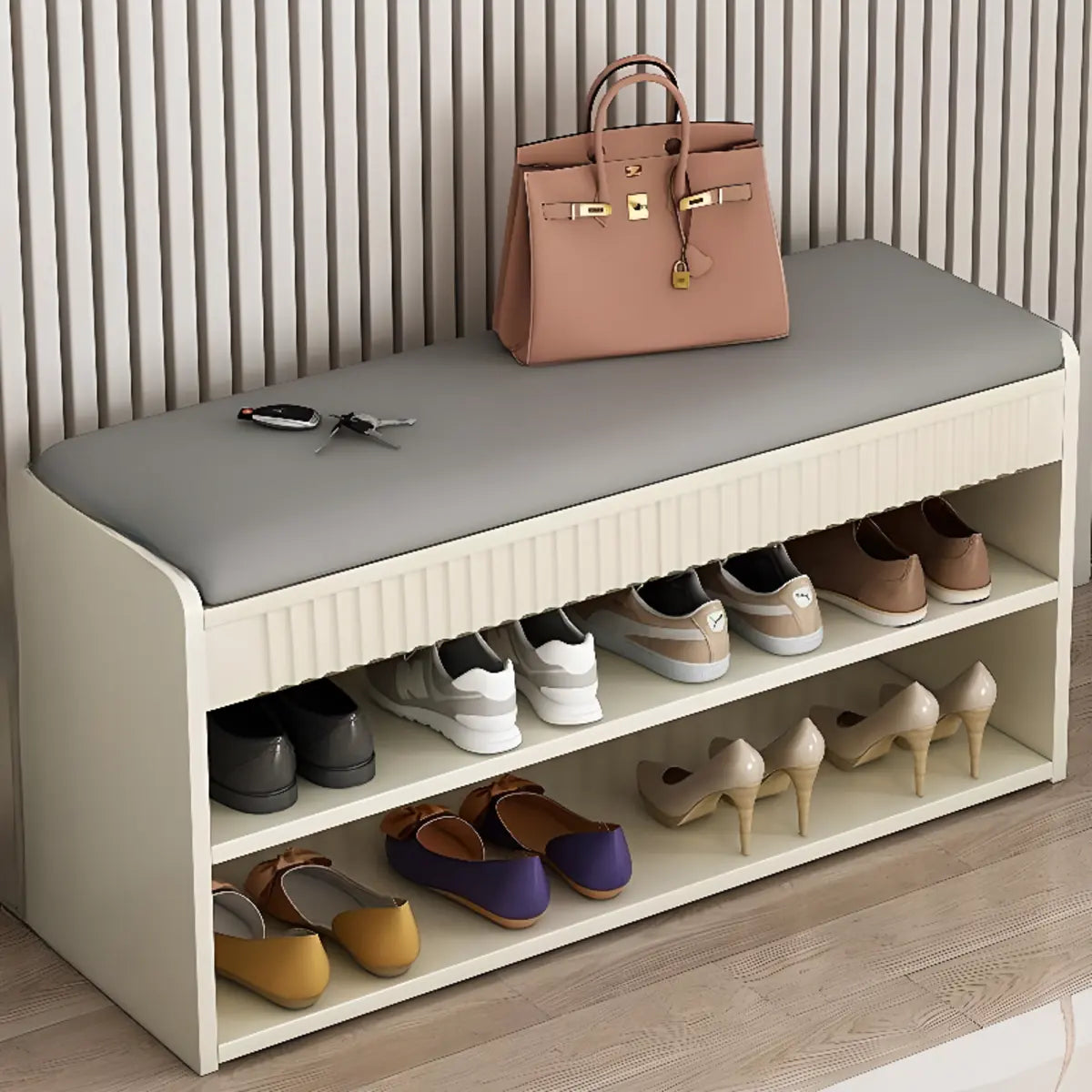 Modern Cushion Beige Wood Entryway Bench Shoe Rack Image - 11