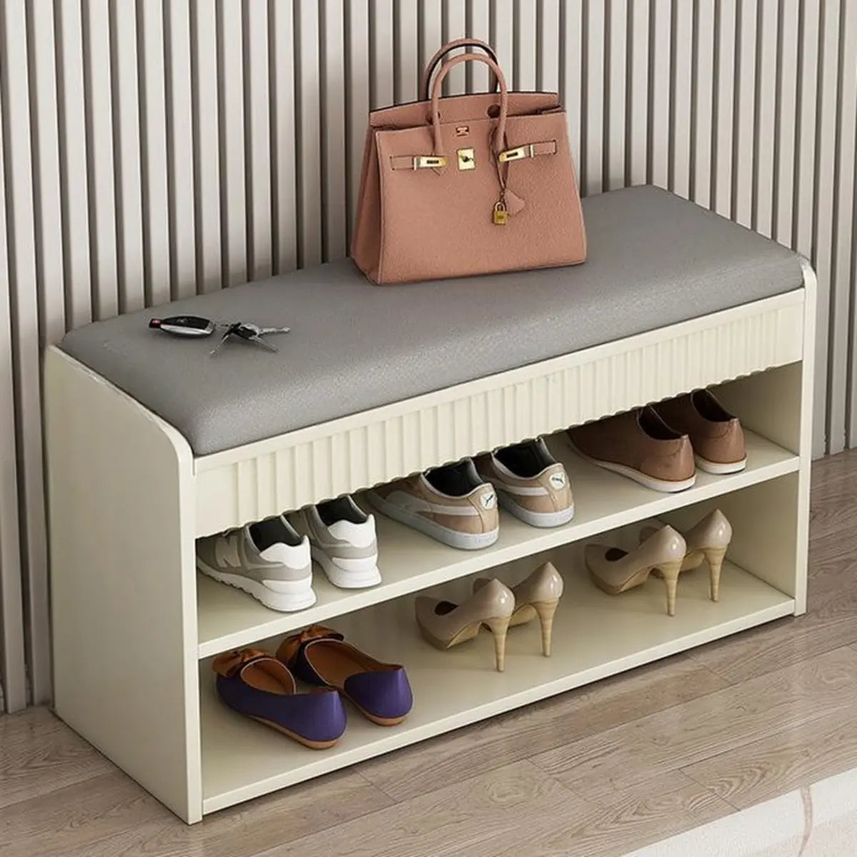 Modern Cushion Beige Wood Entryway Bench Shoe Rack Image - 12