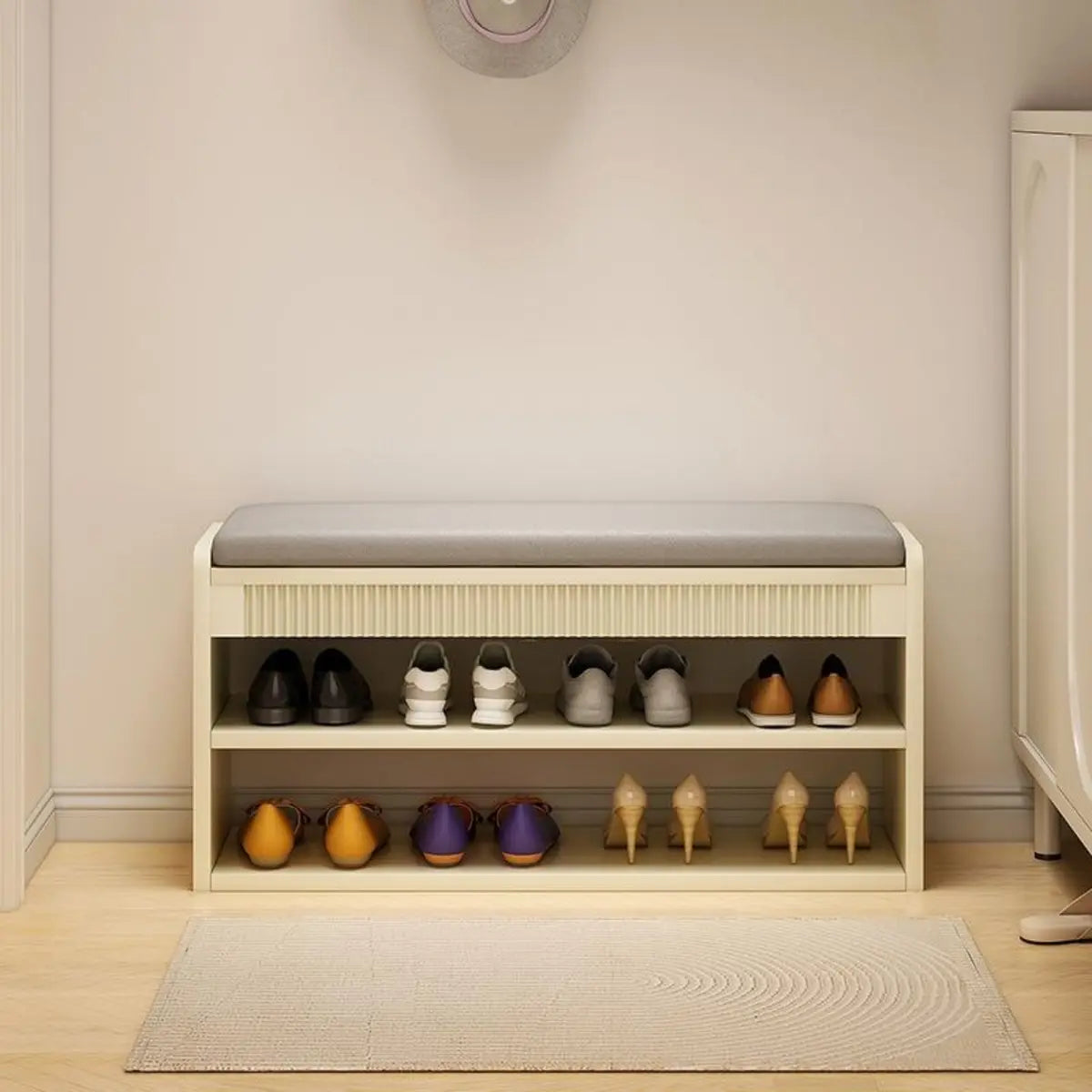 Modern Cushion Beige Wood Entryway Bench Shoe Rack Image - 2