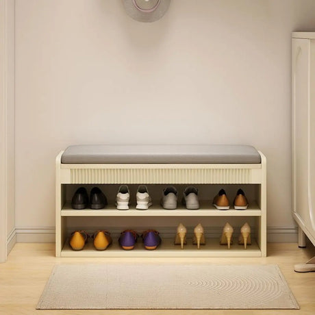 Modern Cushion Beige Wood Entryway Bench Shoe Rack Image - 2