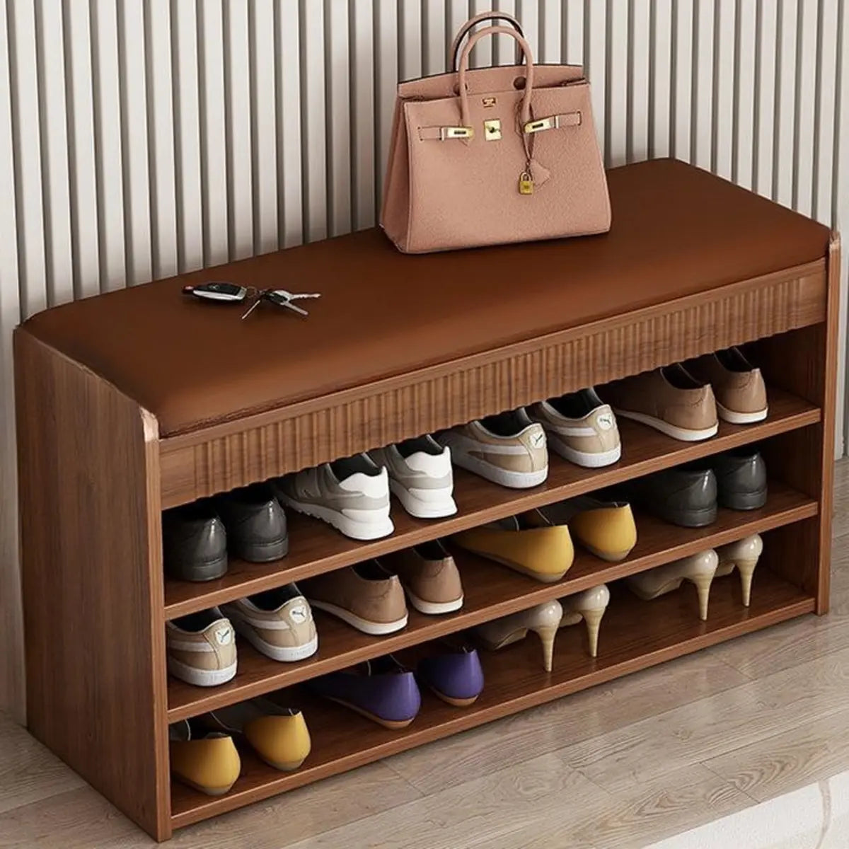 Modern Cushion Beige Wood Entryway Bench Shoe Rack Image - 3