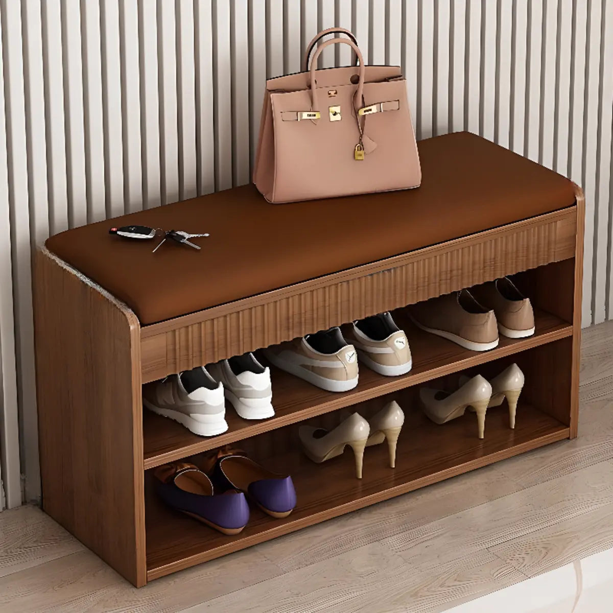 Modern Cushion Beige Wood Entryway Bench Shoe Rack Image - 4