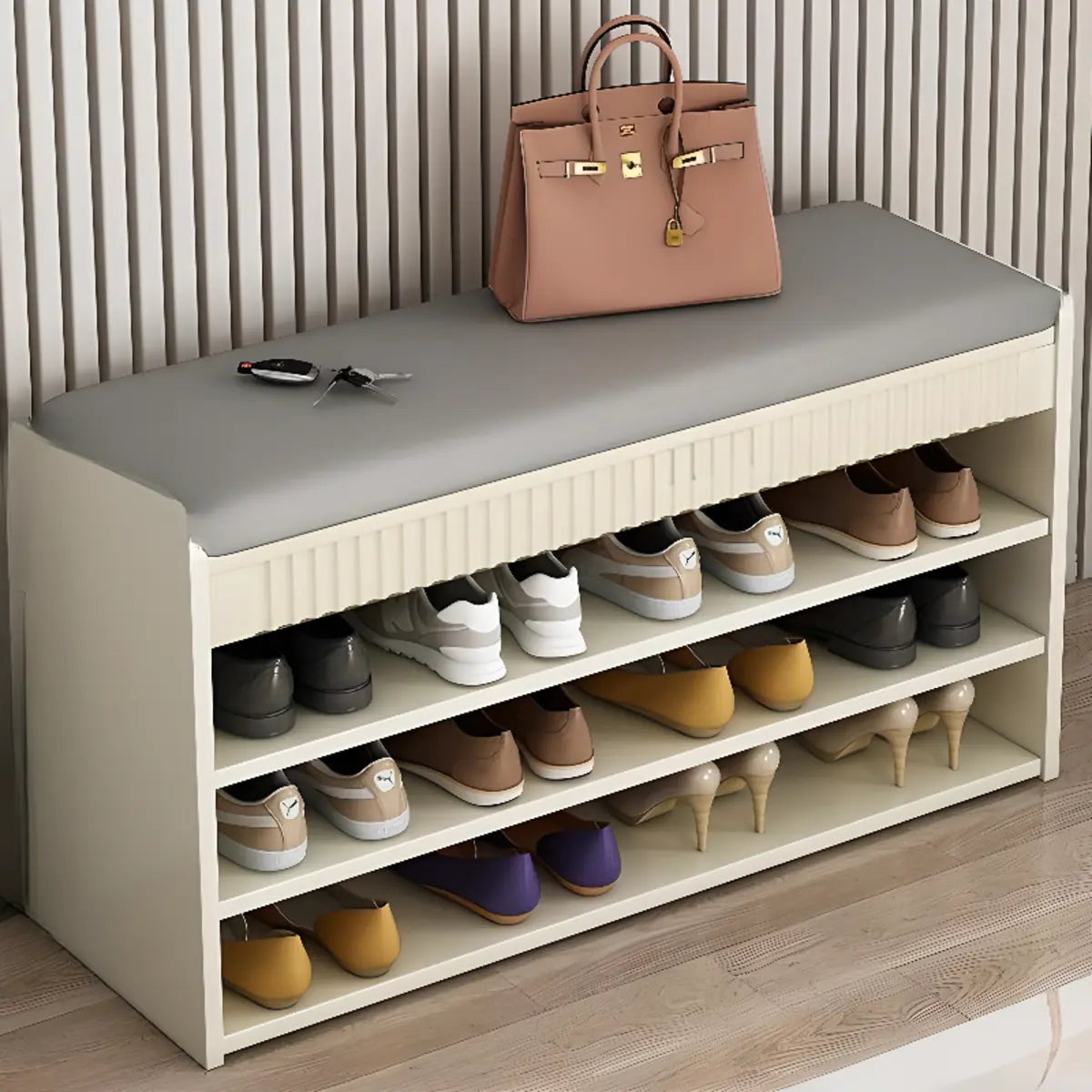 Modern Cushion Beige Wood Entryway Bench Shoe Rack Image - 5