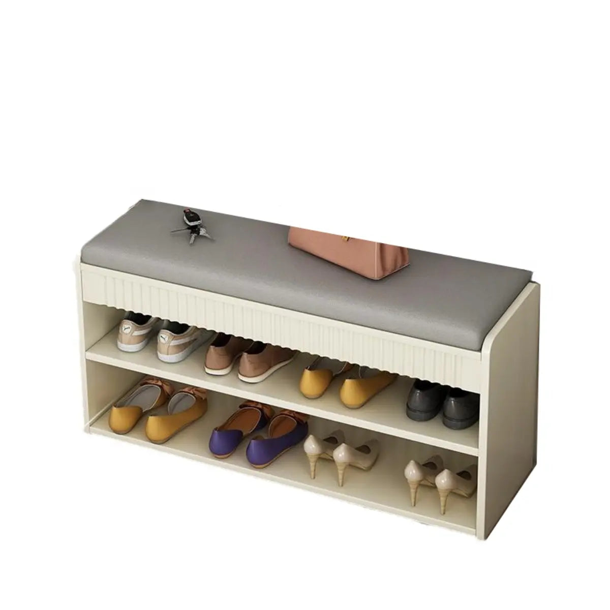 Modern Cushion Beige Wood Entryway Bench Shoe Rack Image - 6