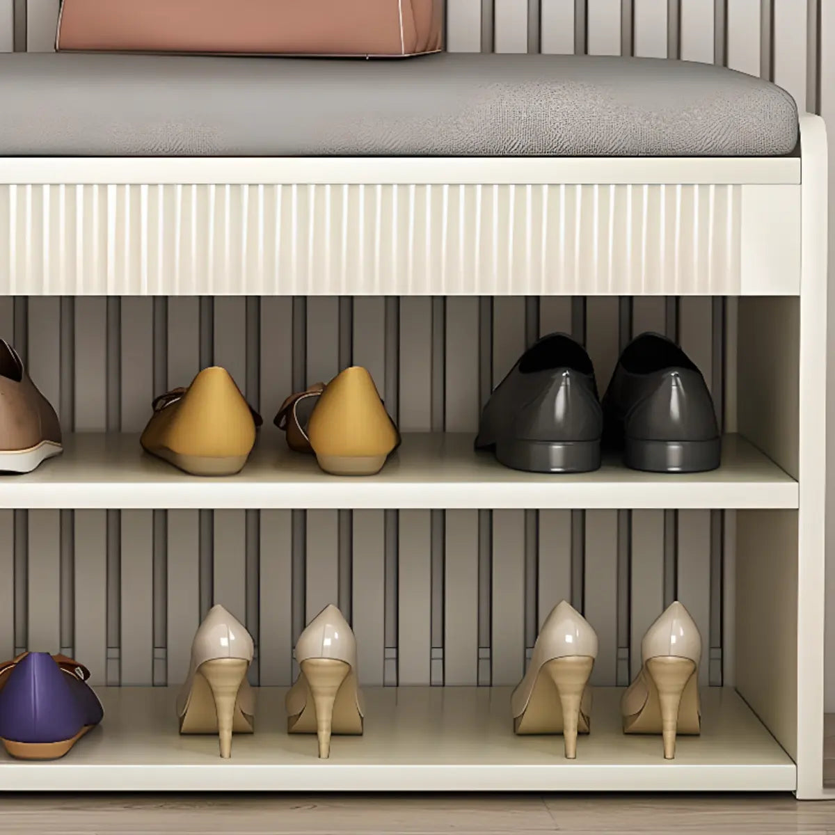 Modern Cushion Beige Wood Entryway Bench Shoe Rack Image - 9