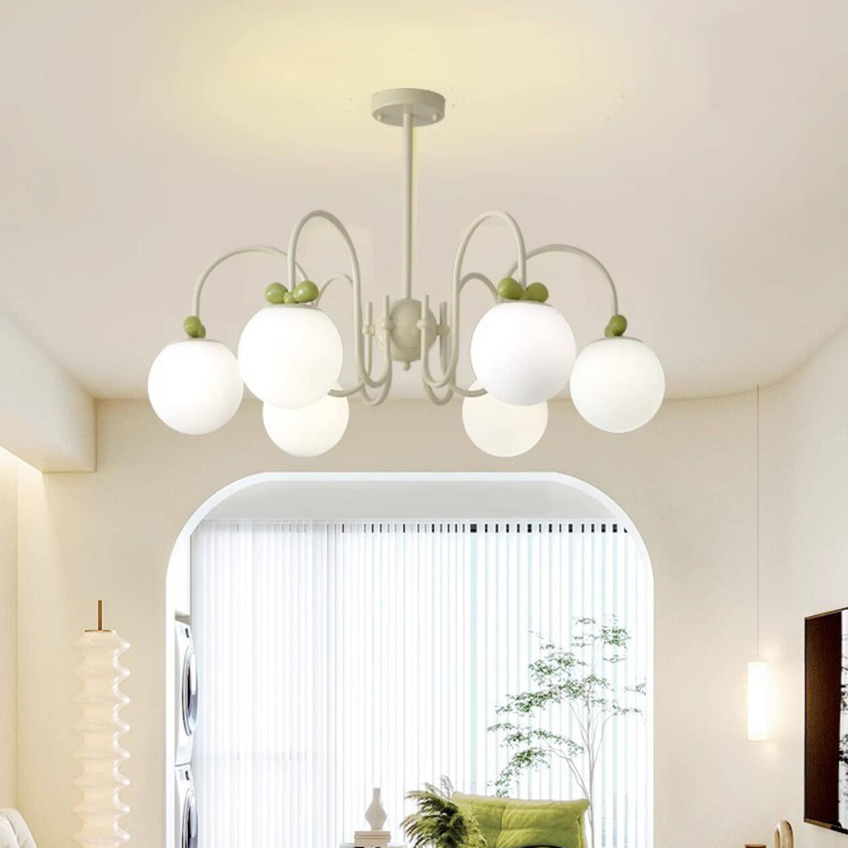 Modern Cute White Glass Globes Green Bow Chandelier Image - 4