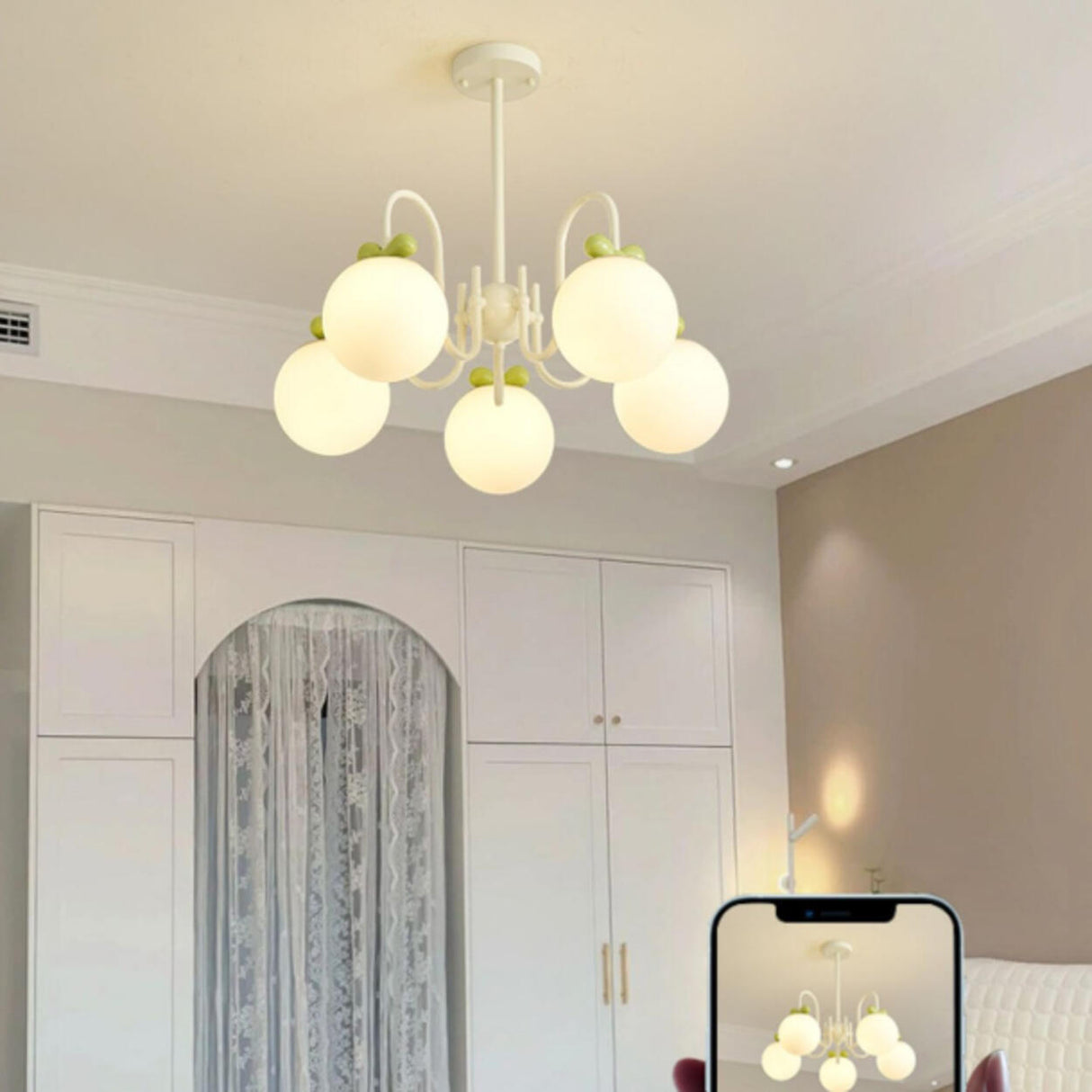 Modern Cute White Glass Globes Green Bow Chandelier Image - 6