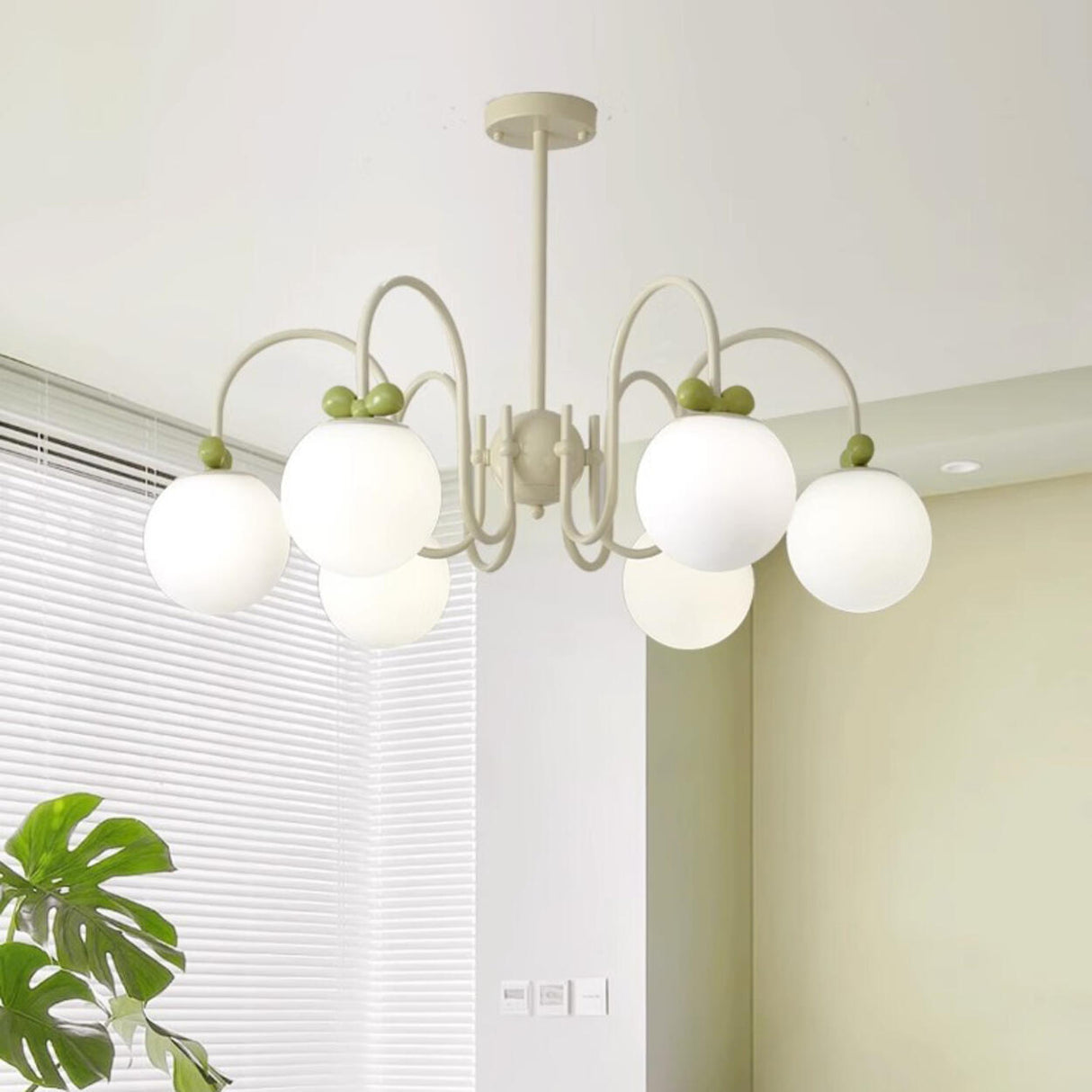 Modern Cute White Glass Globes Green Bow Chandelier Image - 8