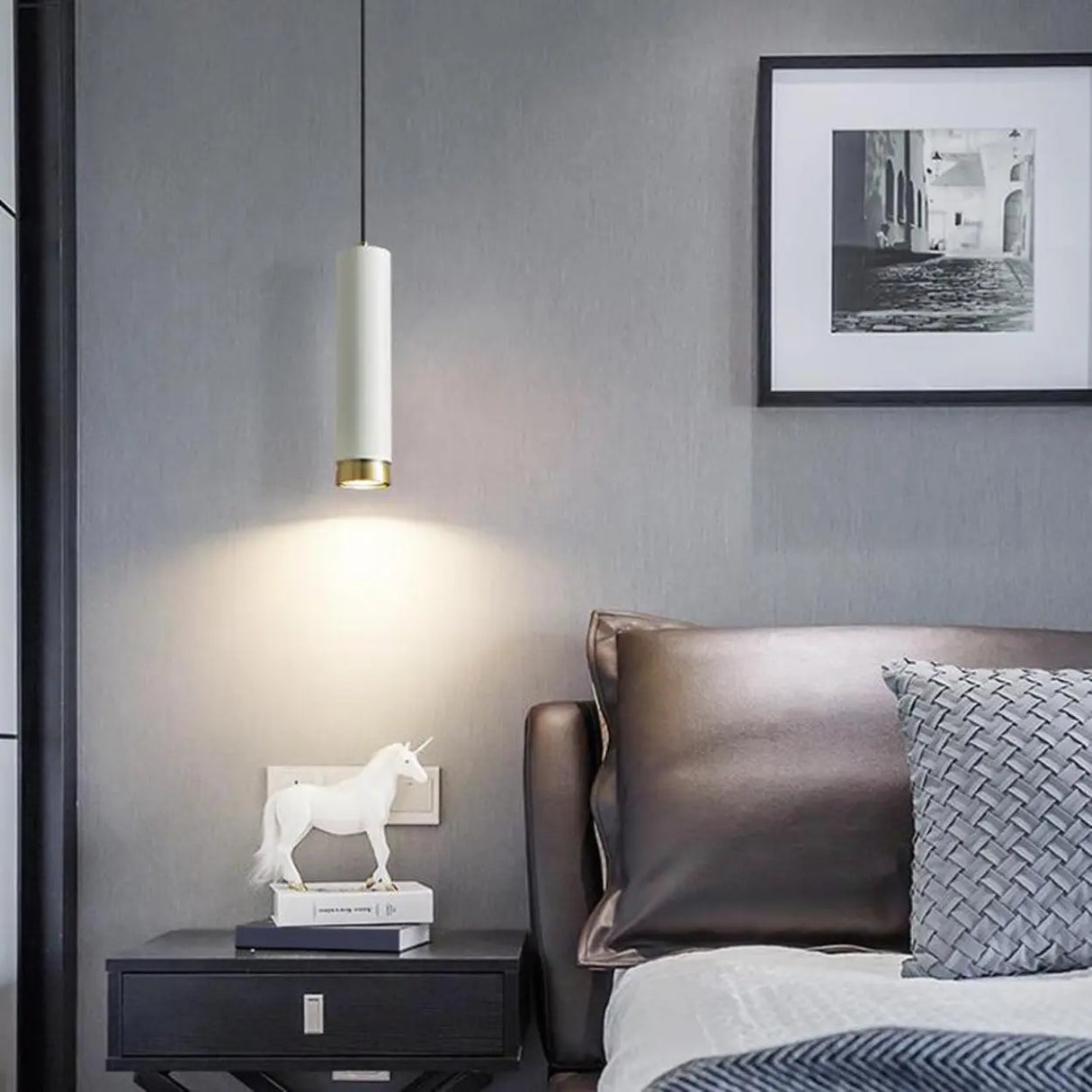 Modern Cylindrical Metal Bedroom White Pendant Light Image - 4