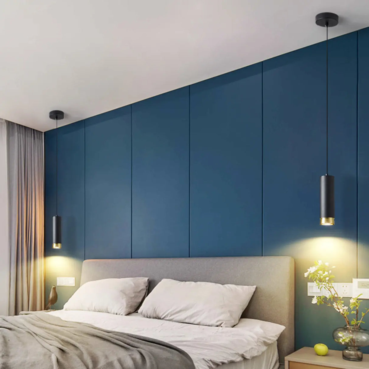 Modern Cylindrical Metal Bedroom White Pendant Light Image - 6
